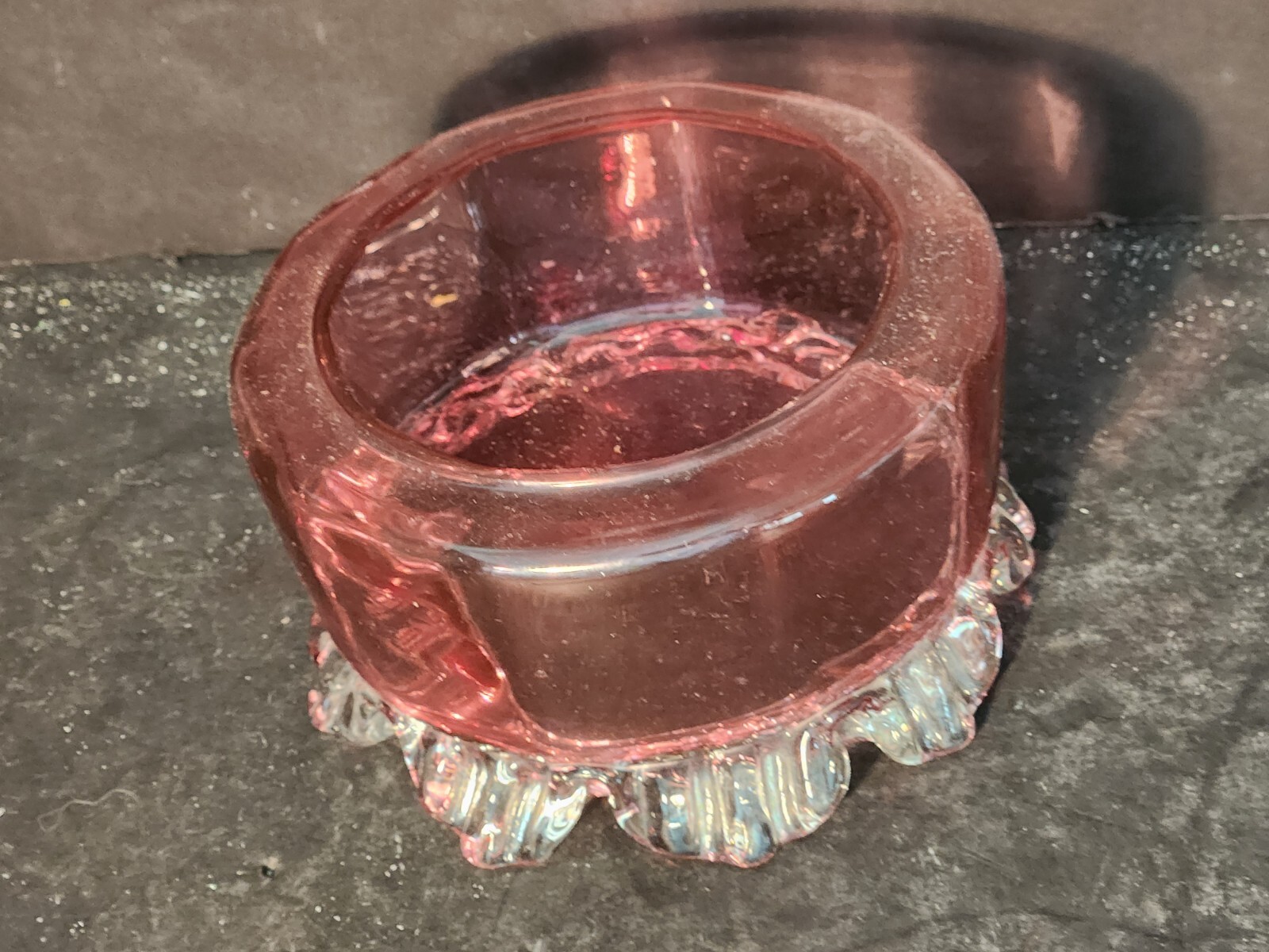 Cranberry Glass Candy Nut Bowl Applied Clear Class Petals Vintage No Lid
