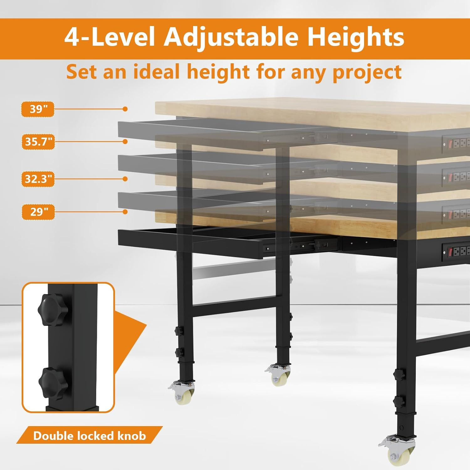 48" Heavy Duty Work Bench with Drawers, Adjustable Height Workbench with Wheels,