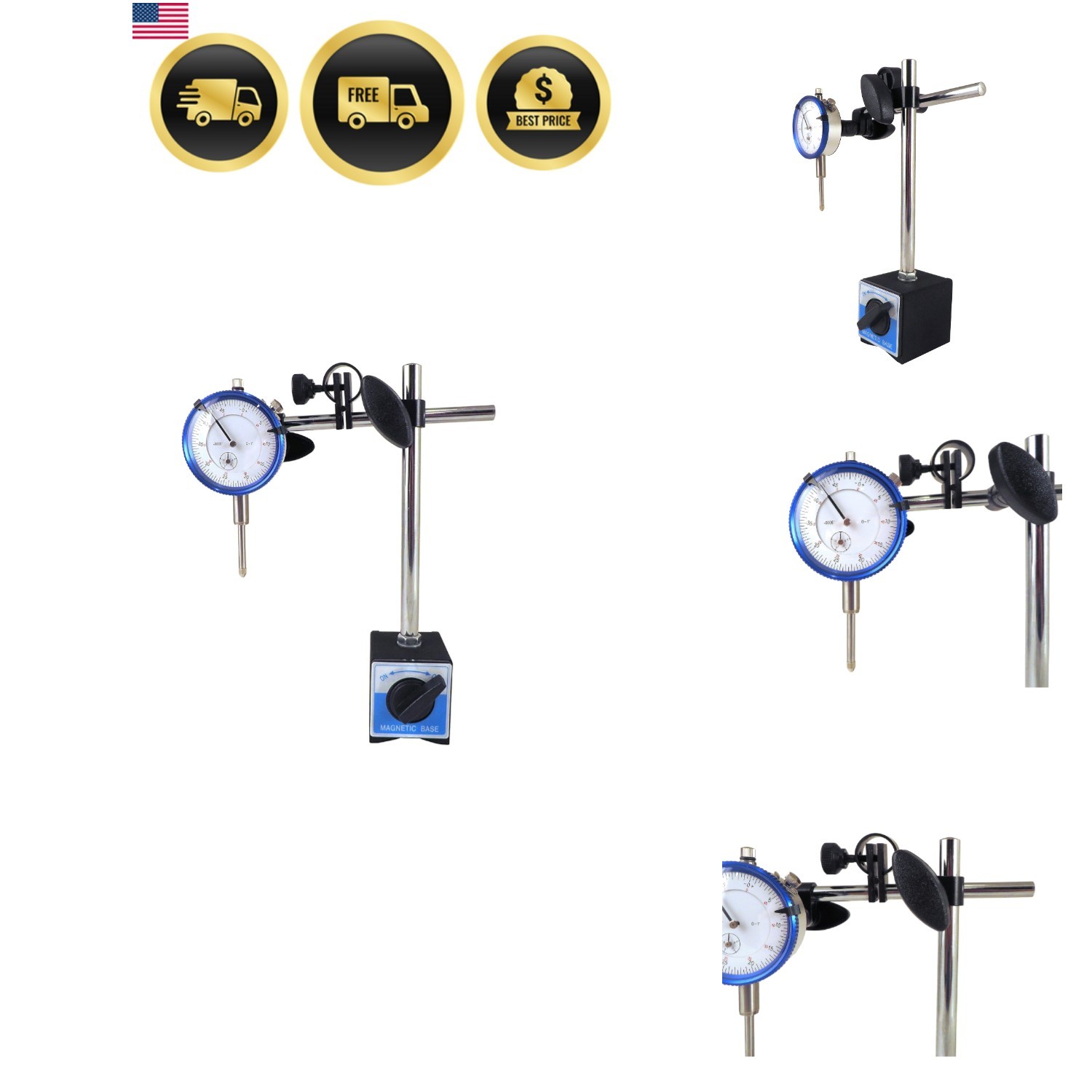 Magnetic Base with Fine Adjustment and SAE Dial  Indicator 0.0005 Resolution,...