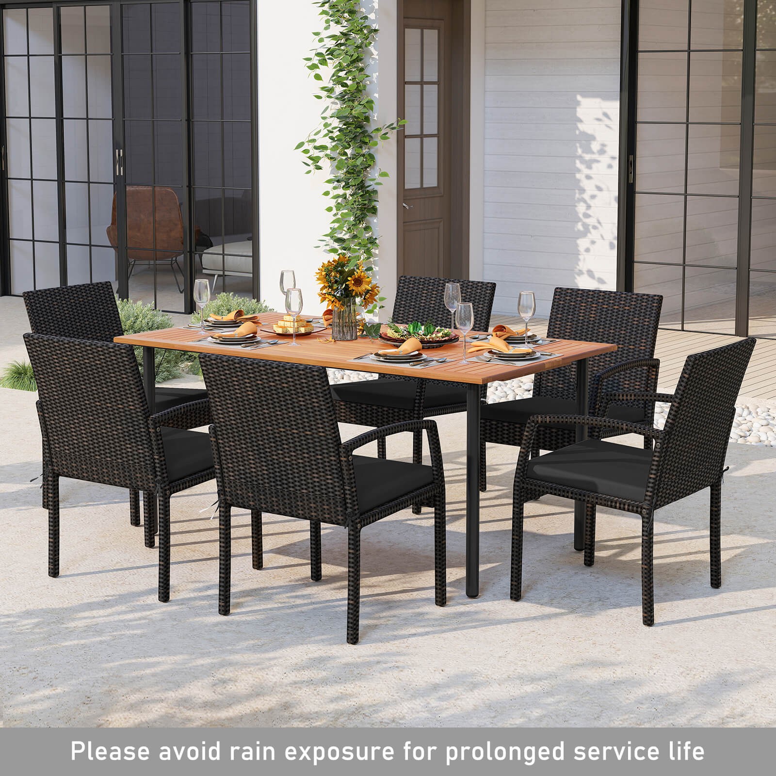 Patiojoy 7-Piece Dining Table Set w/ Dining Table & 6 Armchairs & Soft Cushions