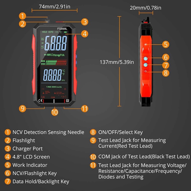 USB Multimeter, Digital Voltmeter with 4.8 LCD Screen, Multi-Test1738-