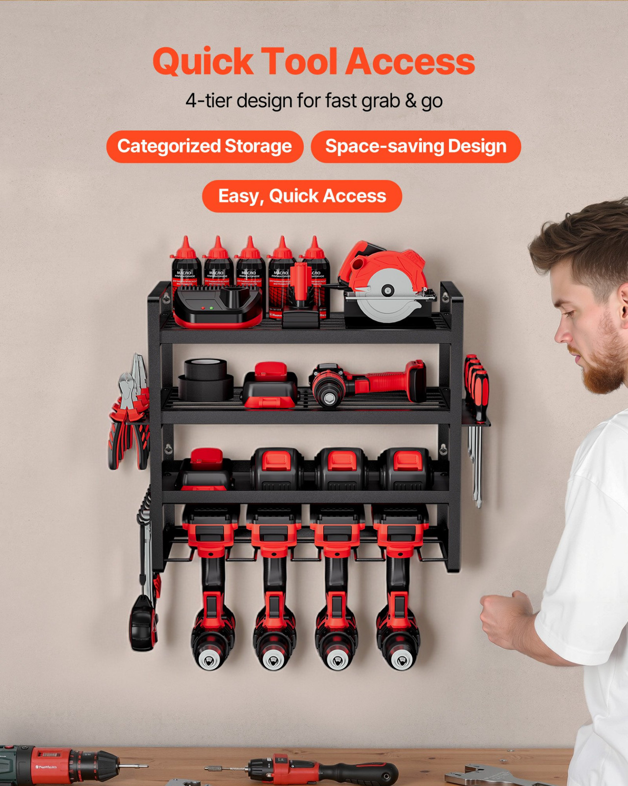 Power Tool Organizer Wall Mount 4-Layer Drill Storage Rack 4 Drill Holders