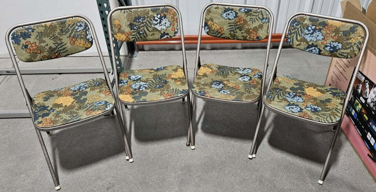 Set of 4 Samsonite Padded Folding Chairs Green Floral 1960s MCM - Nice Vintage