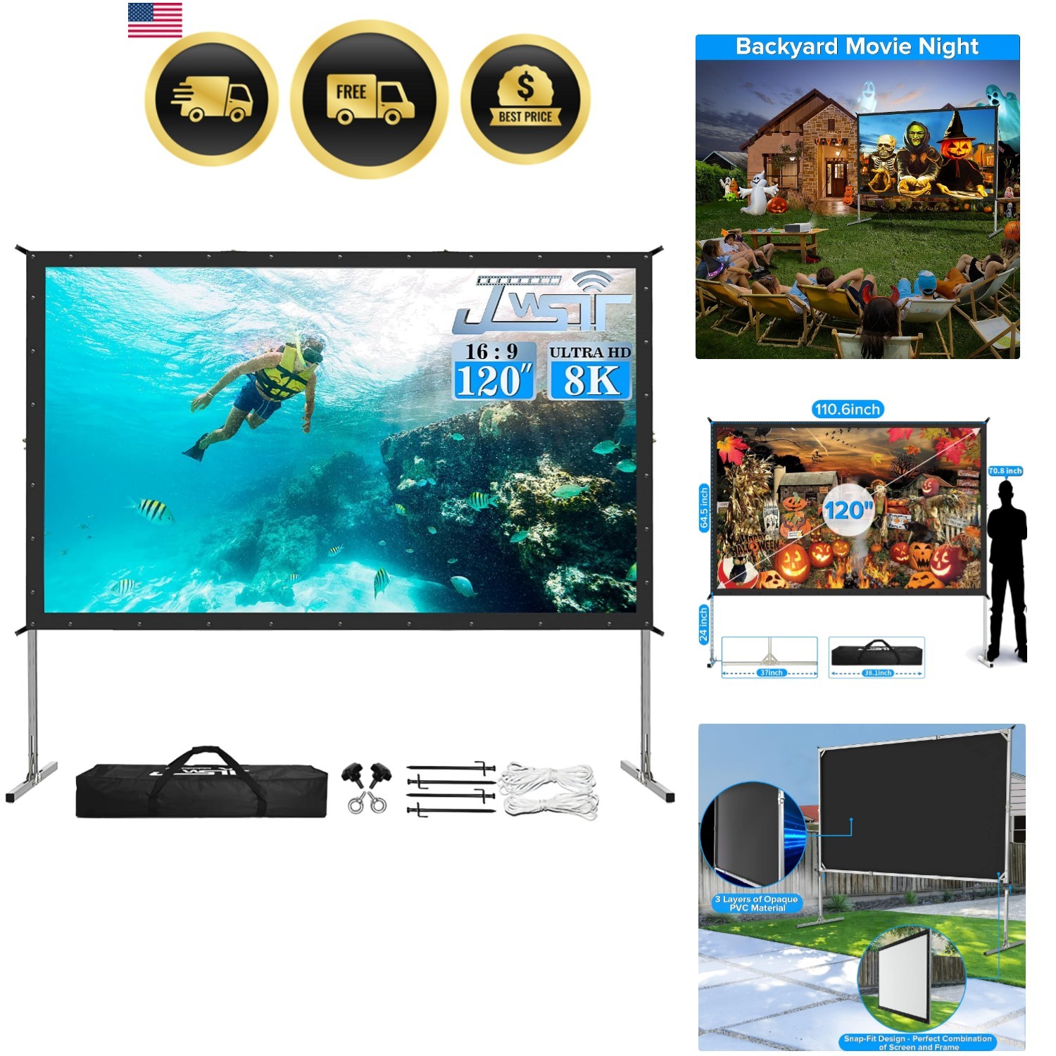 120 Inch Outdoor Projector Screen Portable Movie Screen with Stand and Bag