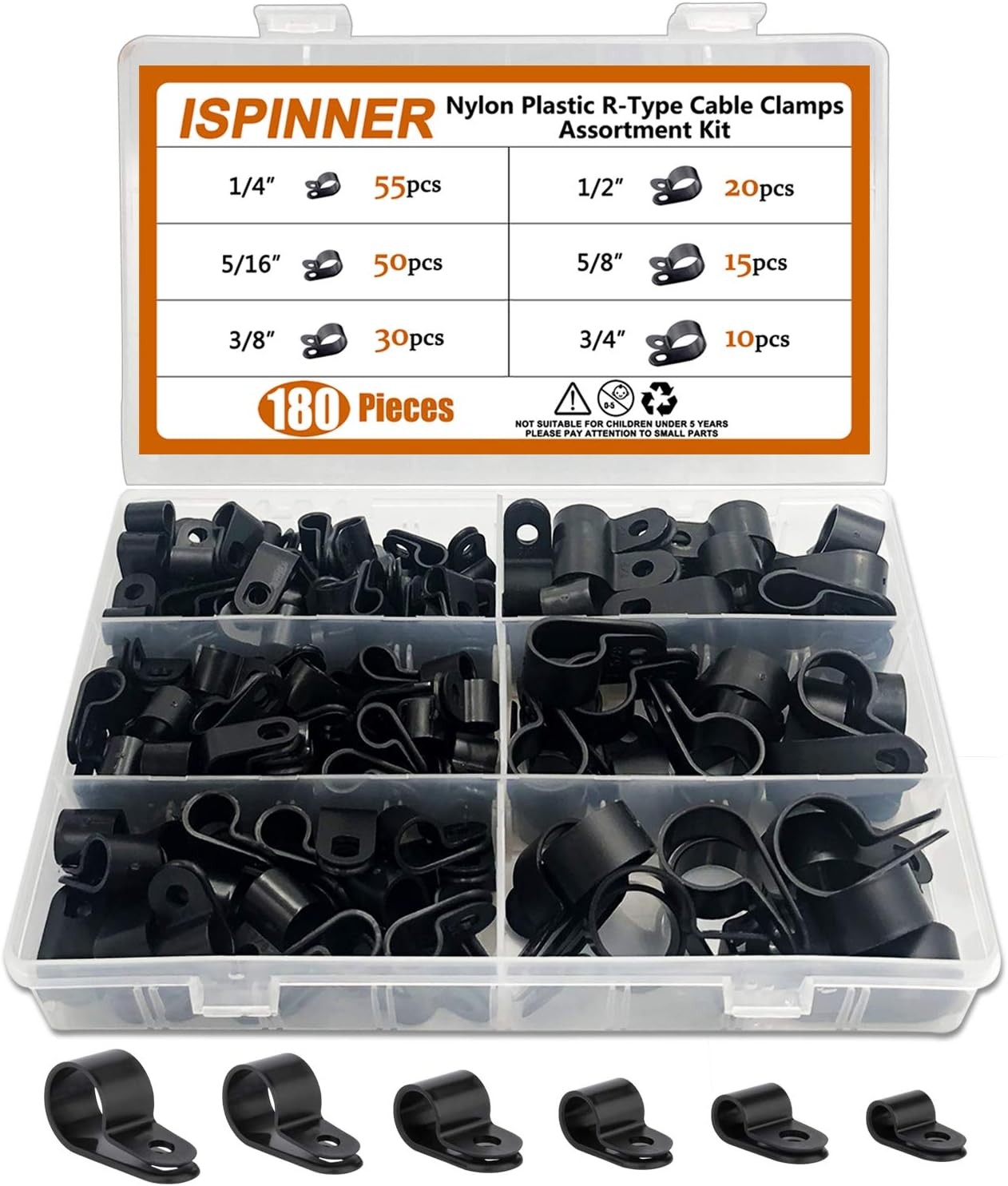 ISPINNER 180pcs Nylon Plastic R-Type Cable Clamps, 1/4" 5/16" One Size, Black