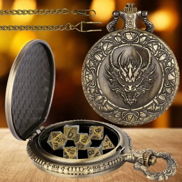 TEG - Bronze Dragon Face Pocket Watch Keychain w/ Mini Polyhedral Set New Specia