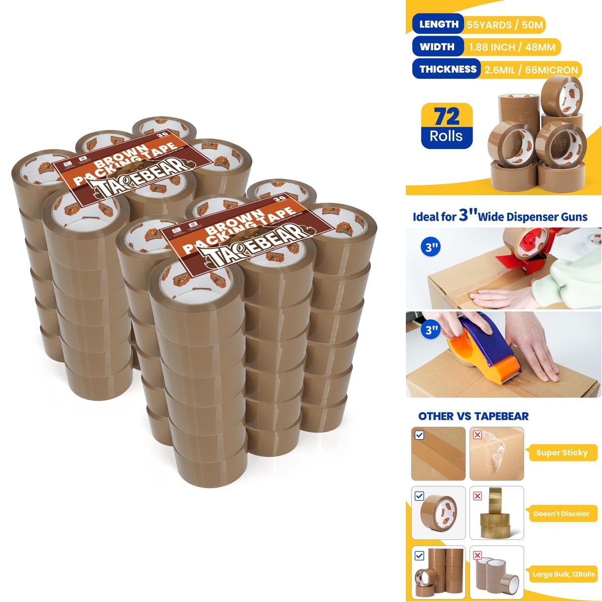 TAPEBEAR Brown Packing Tape 72Rolls, Packaging Tape Refills 2.6mil x 1.88 Inch