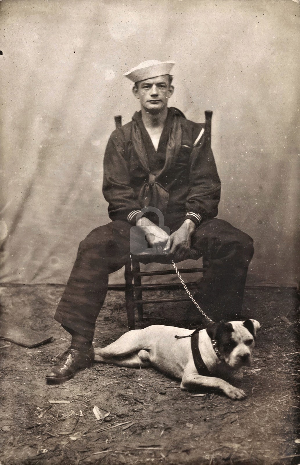 Navy Sailor & Pit Bull Terrier on Chain Studio RPPC Photo Postcard COPY