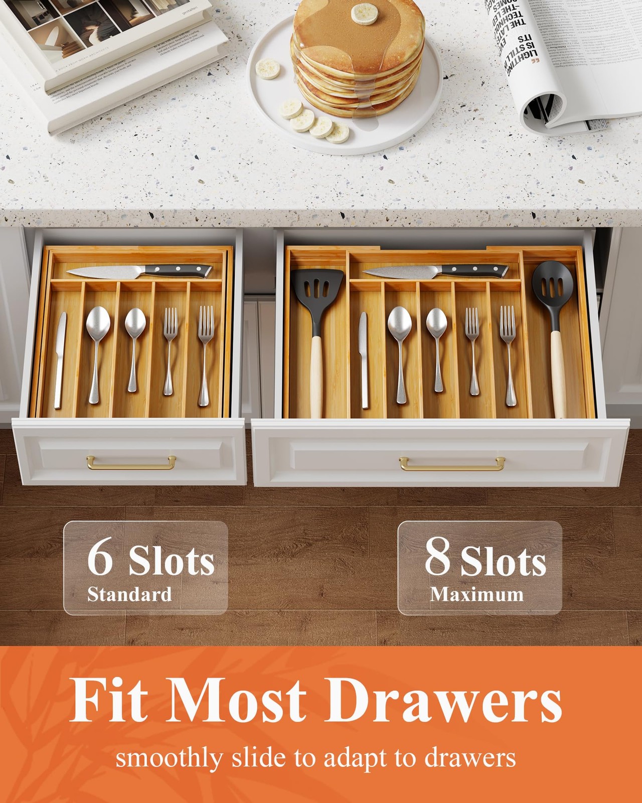 Kitsure Large Bamboo Silverware Organizer - Expandable Extra Large, Natural