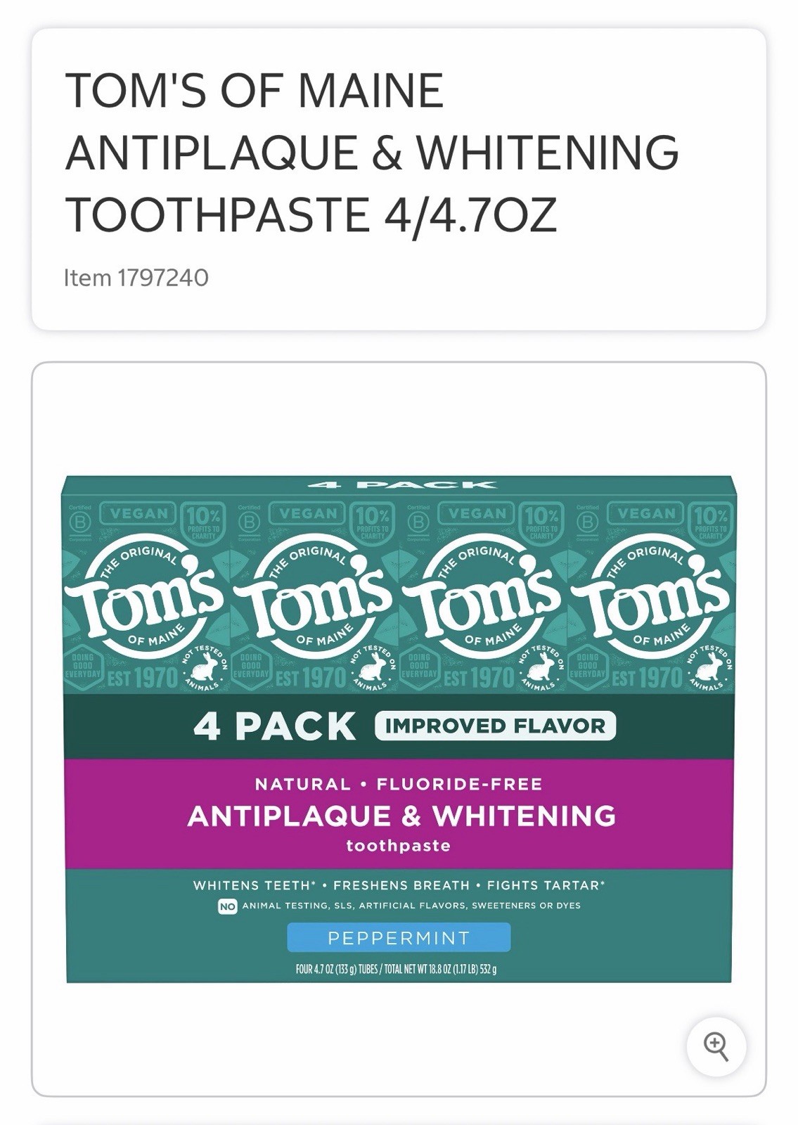 4 PACK - Tom's of Maine Antiplaque & Whitening Toothpaste 4.7 Oz Exp 12/27