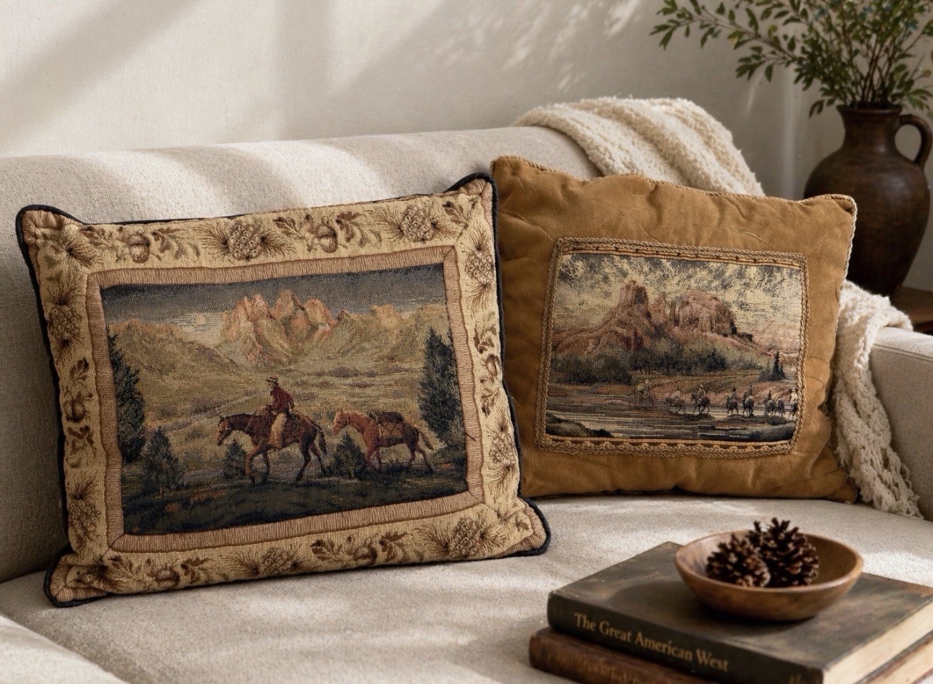 Vintage Western Tapestry Throw Pillow Set – Cowboy Horse Desert Scene (Set of 2)