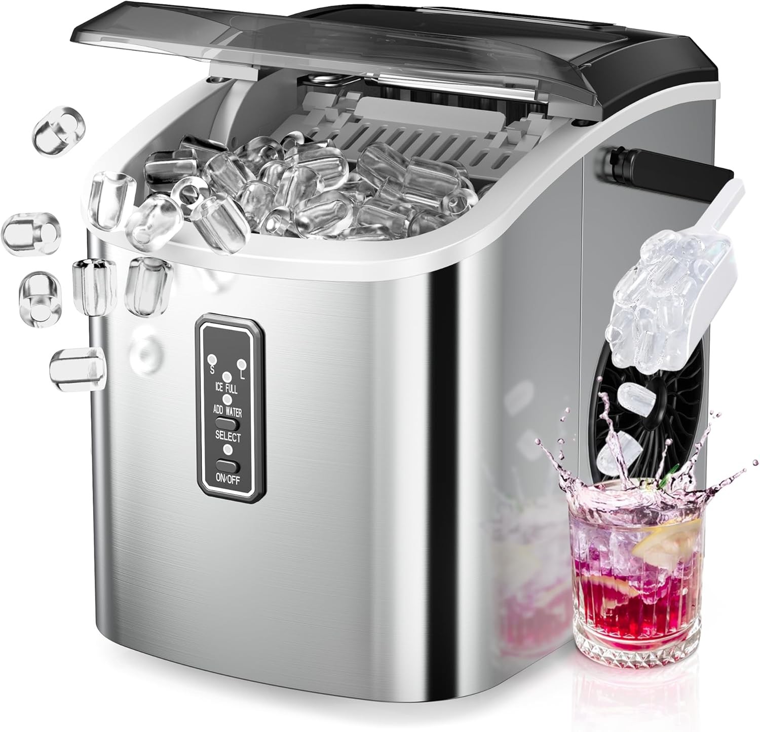 EUHOMY Ice Maker Countertop, 9 Cubes Ready in 6 Mins, 26lbs/24H, Silver