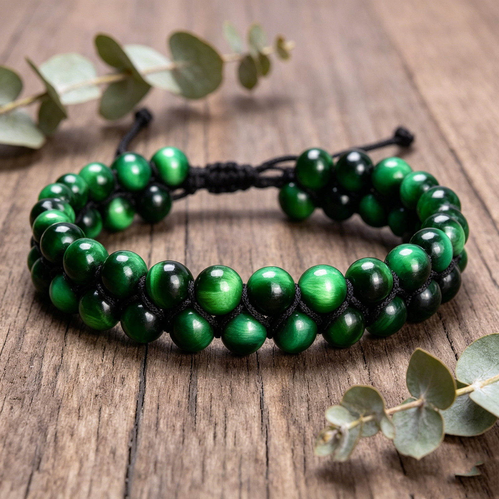 Natural Green Tiger Eye Double Row Bracelet Adjustable Macrame Protection Ground