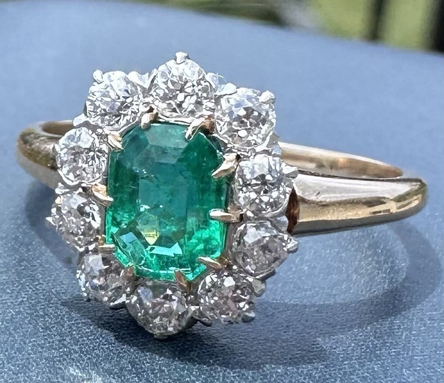 ART DECO ANTIQUE ULTRAFINE EMERALD & OLD MINE CUT DIAMOND RING 14K JACCARD’S