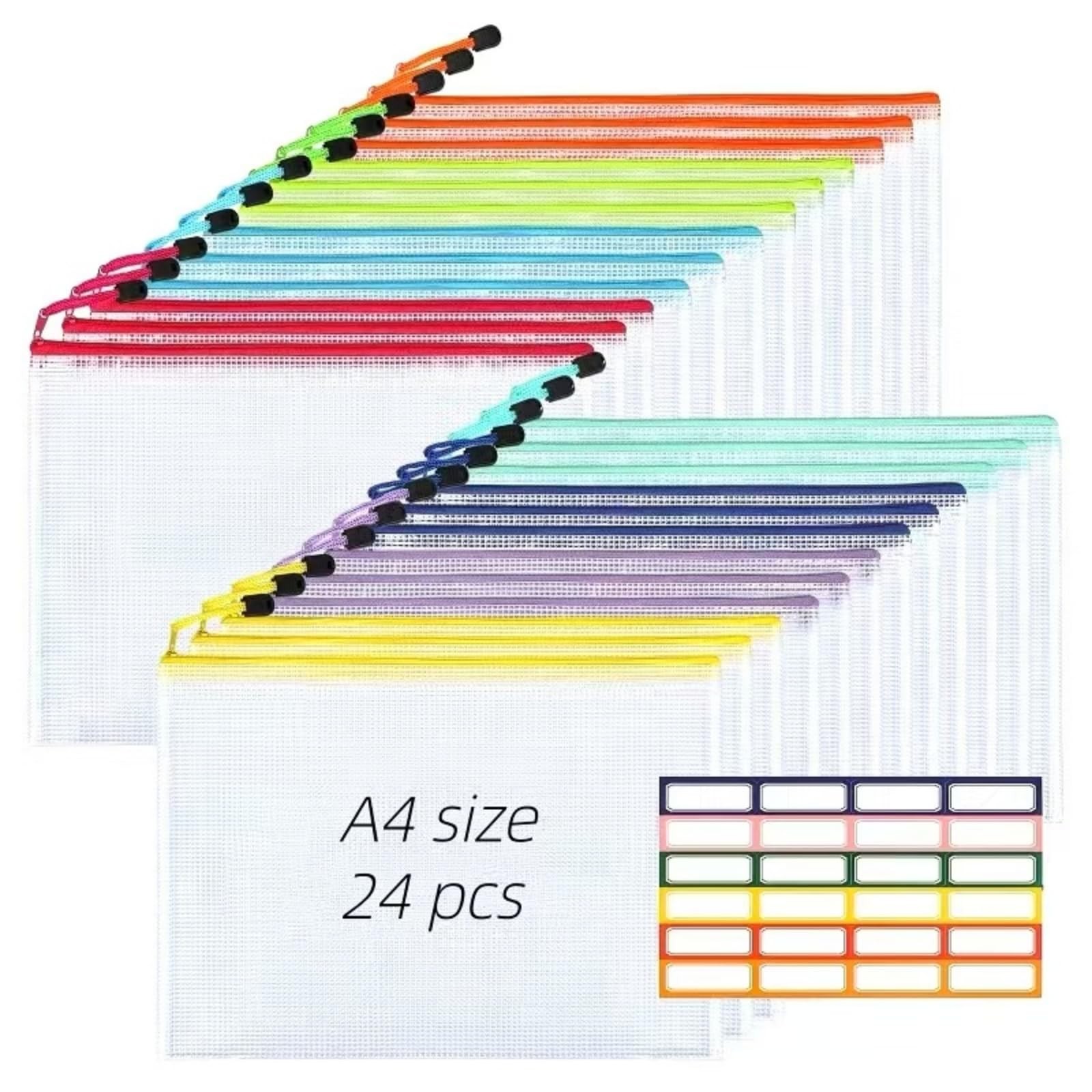 A4 Mesh Zipper Pouches, 24Pcs 8 Colors - Plastic Zipper Bags for Organizing, Sch