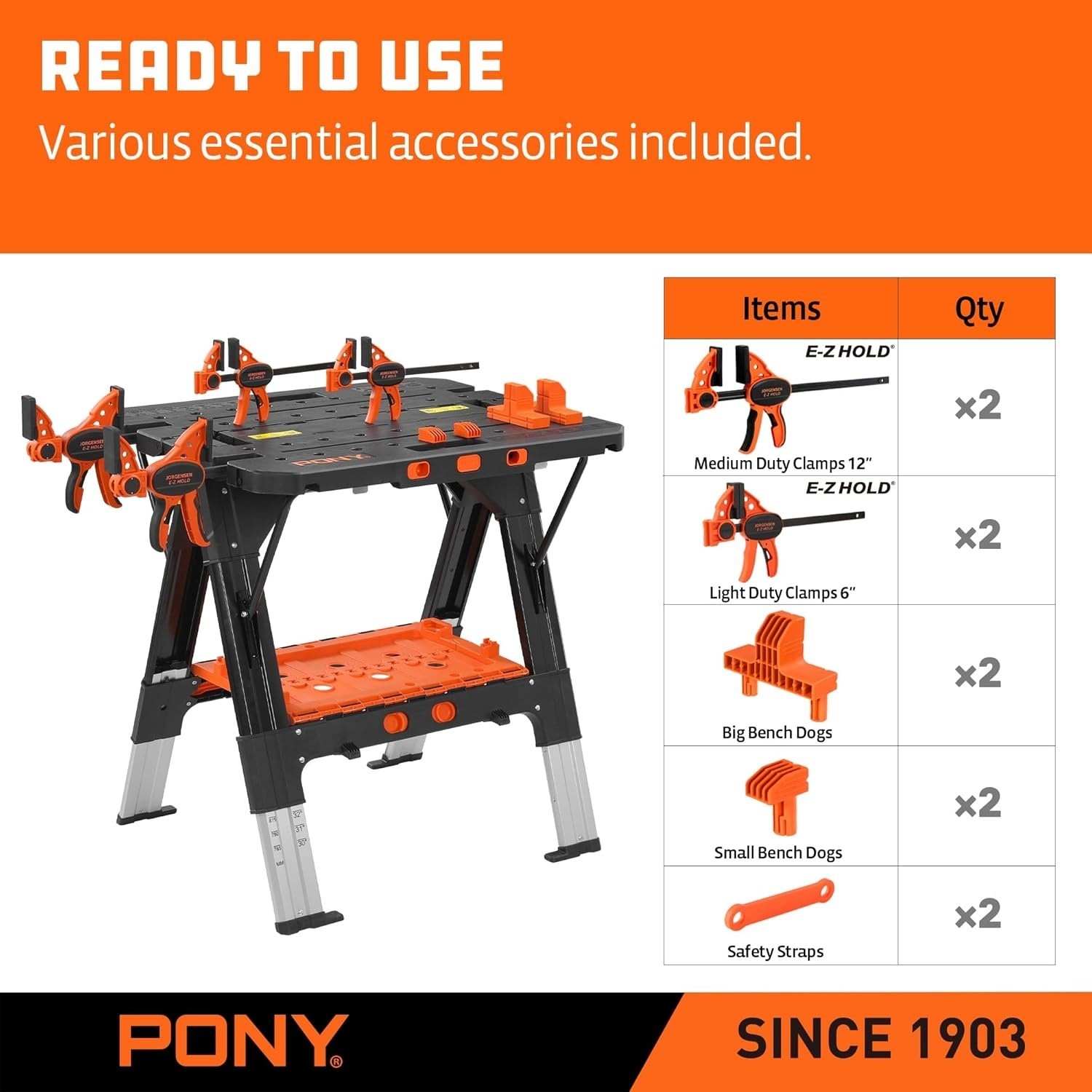 Pony Folding Work Table Sawhorse Workbench Adjustable w/ Clamps