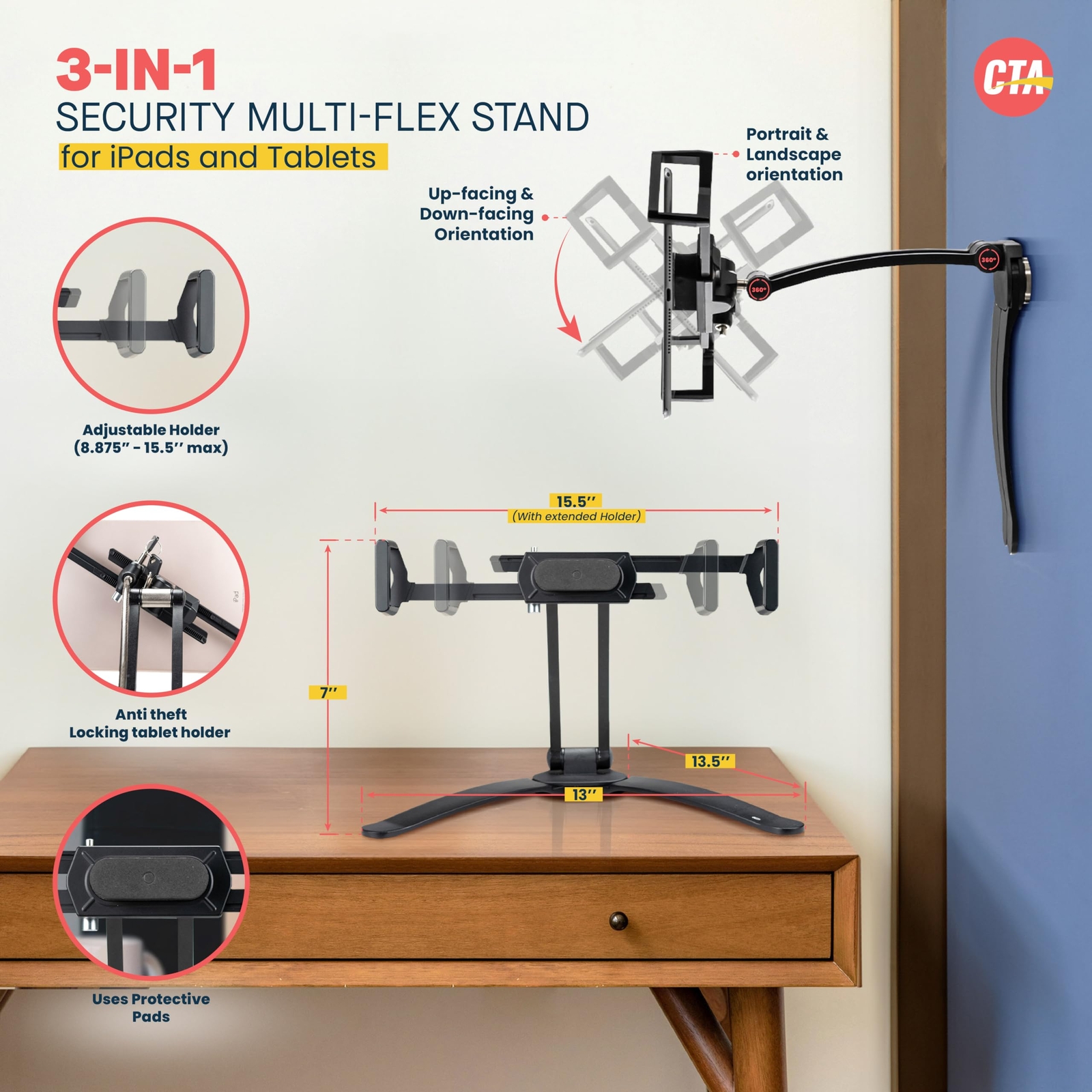 Stand And Wall Mount “ Cta Security 2in1 Multiflex Tablet Stand & Wall Mount Wit