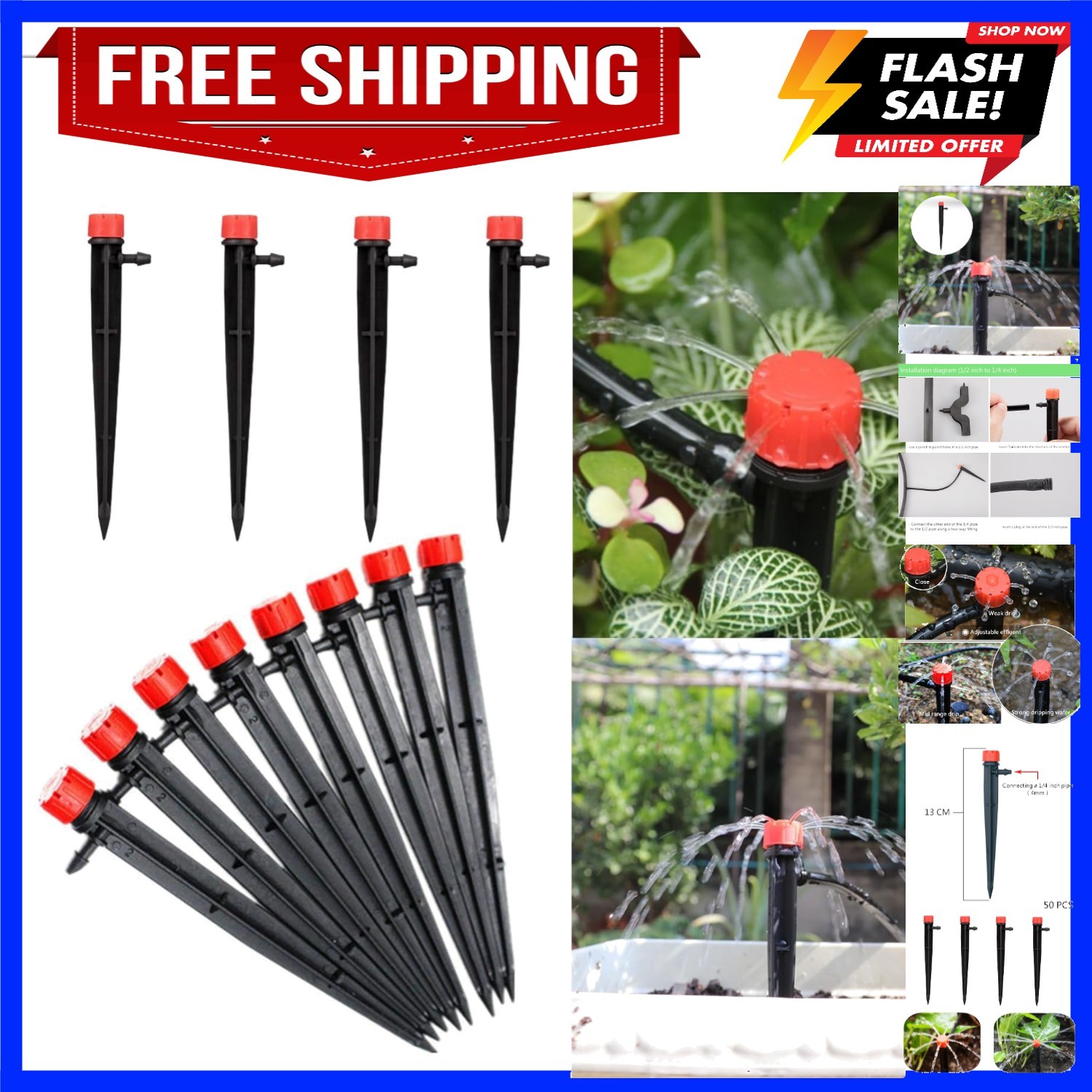50pcs Drip Emitters for 1/4" Drip Irrigation Tubing, Adjustable 360 Degree Wa...
