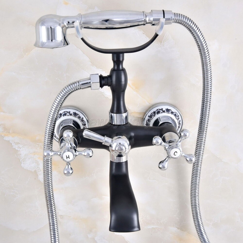 Chrome & Black Brass Wall Mount Bathroom Clawfoot Tub Filler Faucet Handshower