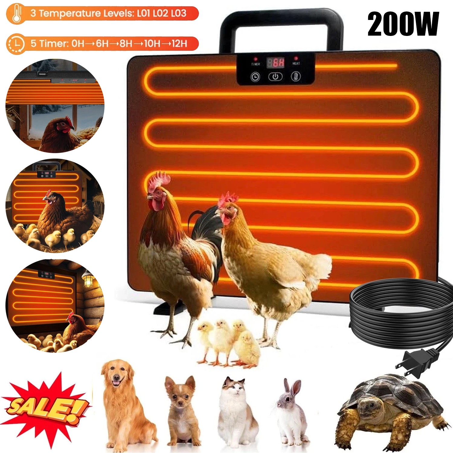 Chicken Coop Heater 200W Safe Radiant Space Heat Energy Chick Pet Cat Dog Warmer