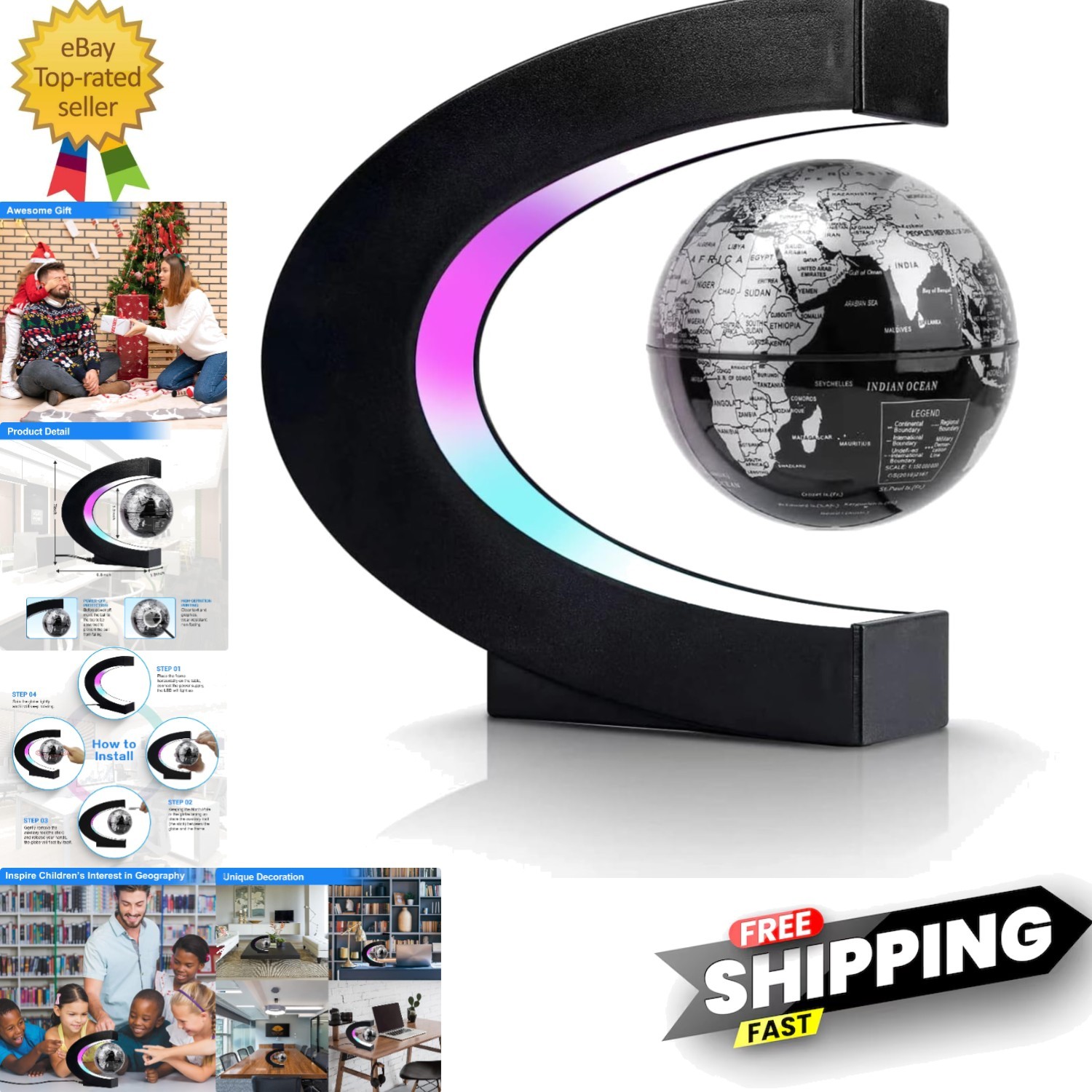 Magnetic Levitation Floating Globe, C Frame Levitating Globe with LED Lights,...