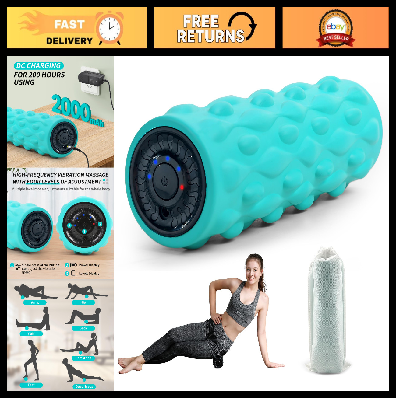 High-Density Foam Roller with 4 Speeds - Deep Tissue Massage, Muscle Recovery, P