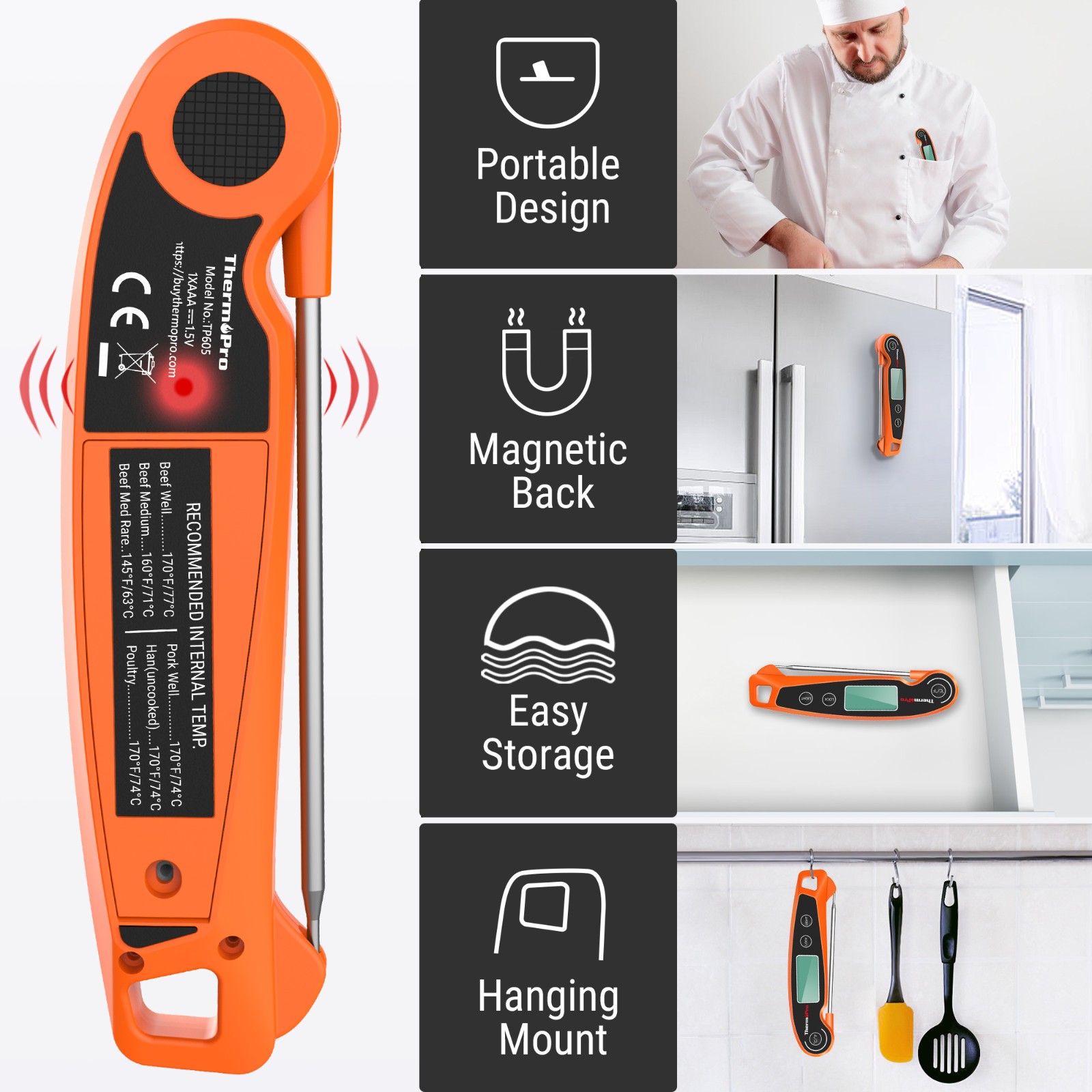 ThermoPro TP605W Instant Read Meat Thermometer Waterproof Backlit Foldaway Probe