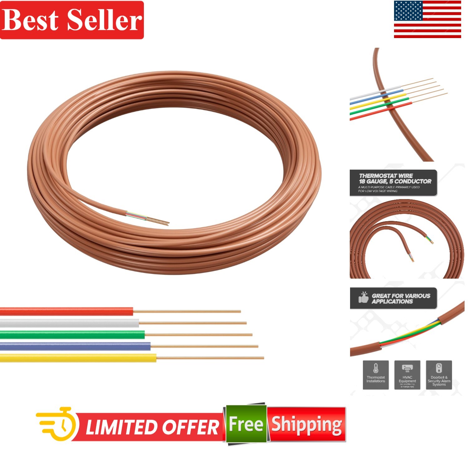 18/5 Thermostat Wire 50 FT Insulated Copper for HVAC, Alarm, Doorbell, Lighting
