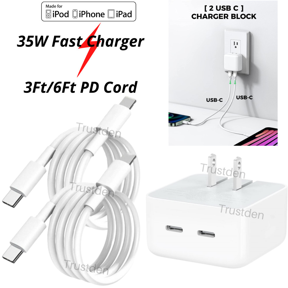 For iPhone 13 12 11 iPad 35W USB C Power Adapter Block Cube PD Fast Charger Cord