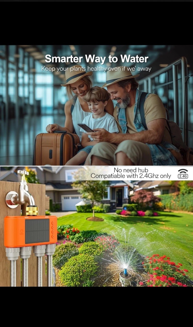 Solar WiFi Sprinkler Timer 4 Zone w/Water Flow Meter, Smart Water Timer for G...