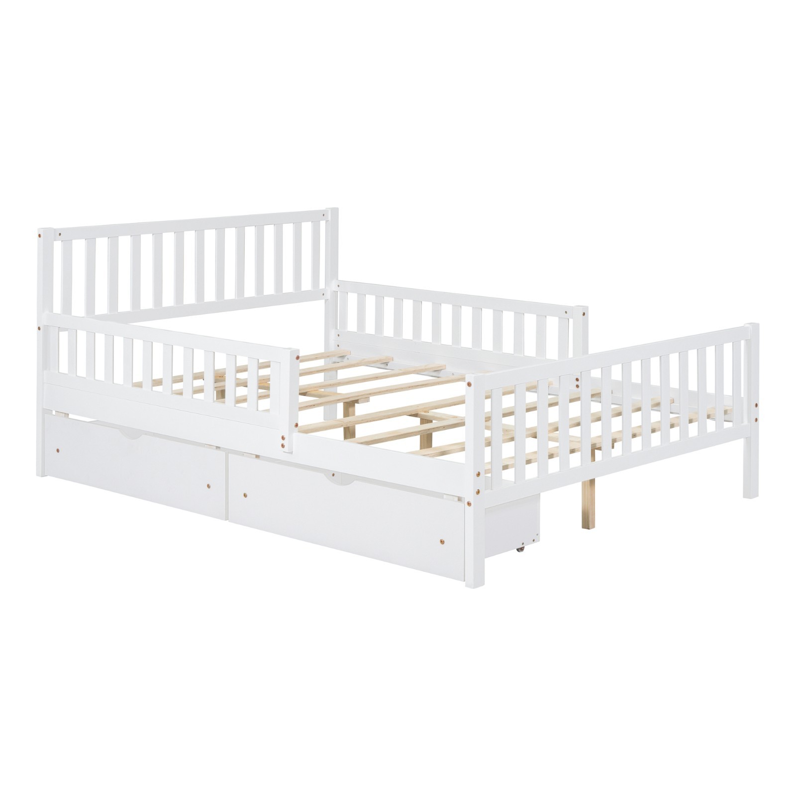 Full Size Wood Platform Bed (Dual-Side Guardrails, 2 Storage Drawers)