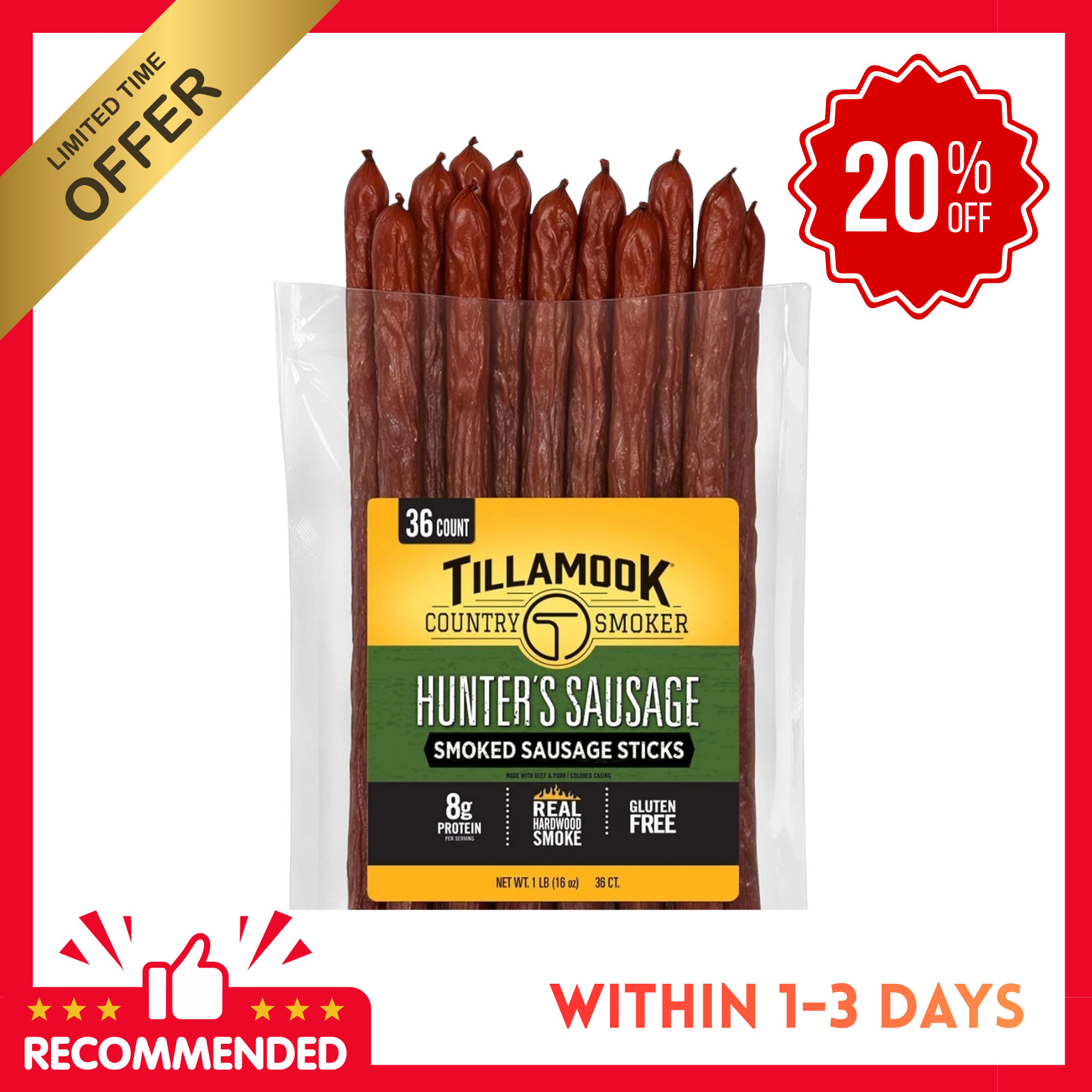 Tillamook Country Smoker - Hunter's Sausage Meat Sticks 36 ct Bulk-USA