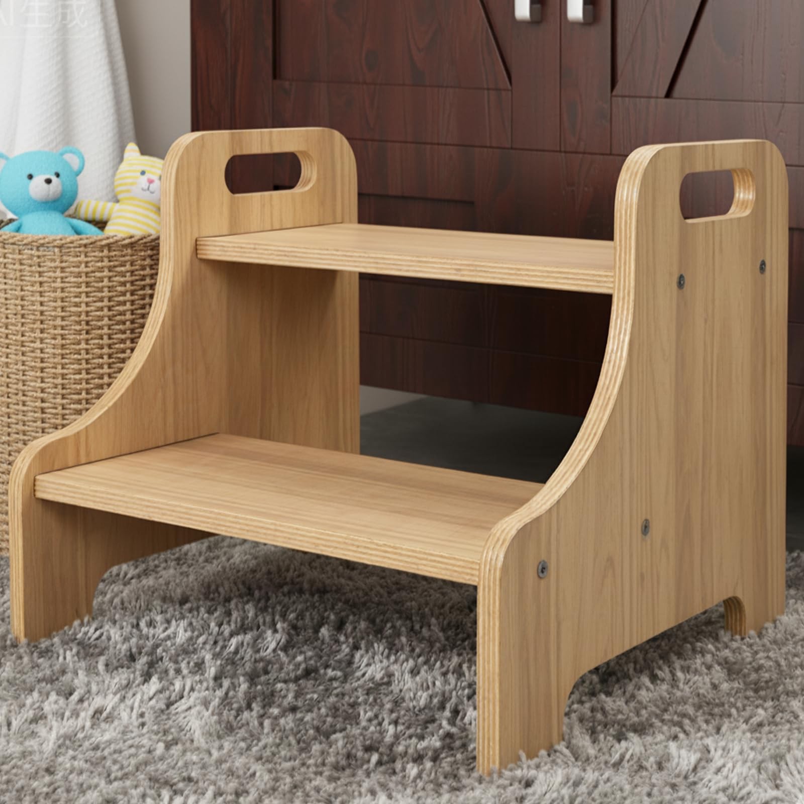 Step Stool for , Kitchen Stool Helper with Handles & Non-Slip Pads, Wooden 2