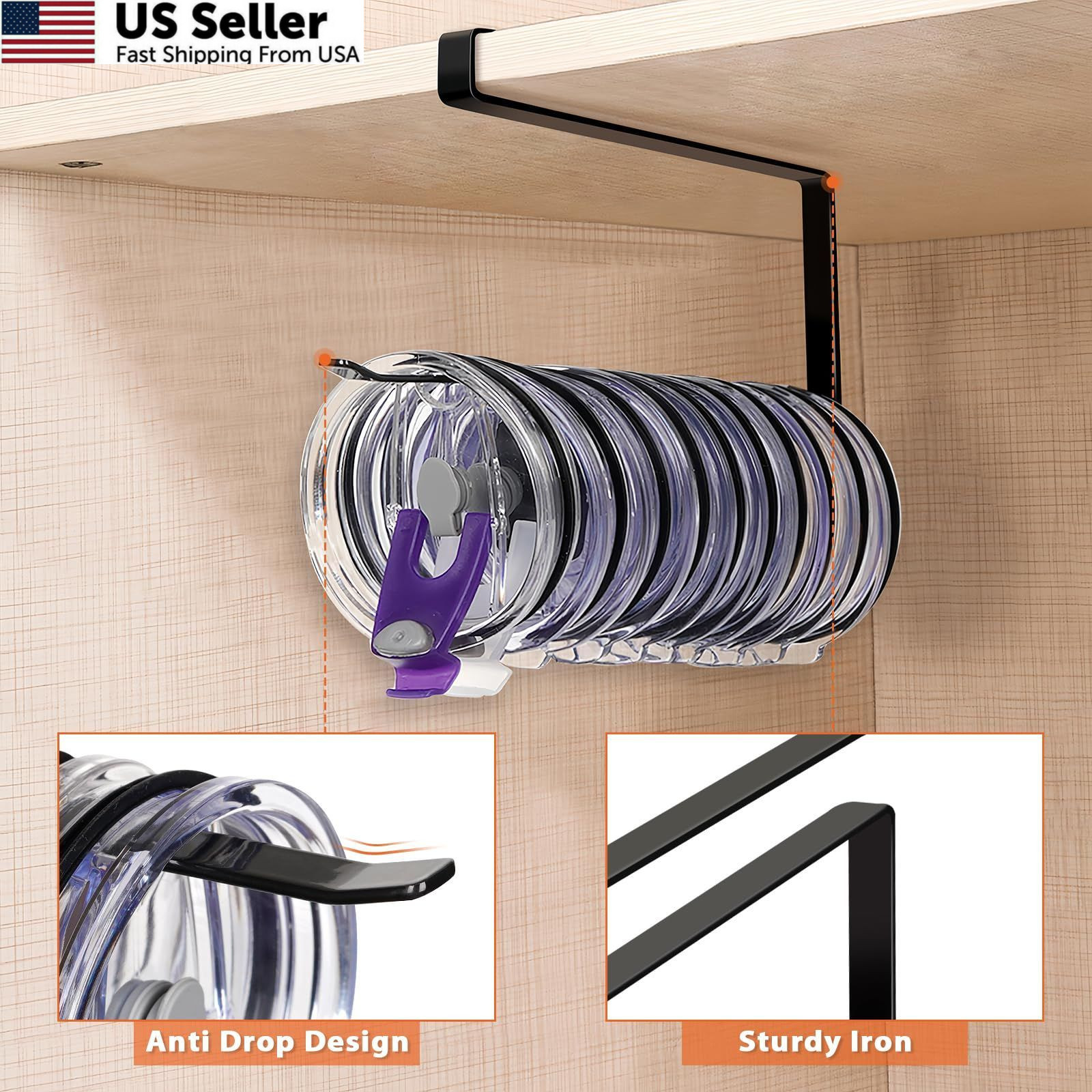 Tumbler Lid Organizer, Horizontal Storage Hook Up 1 Pack, Black