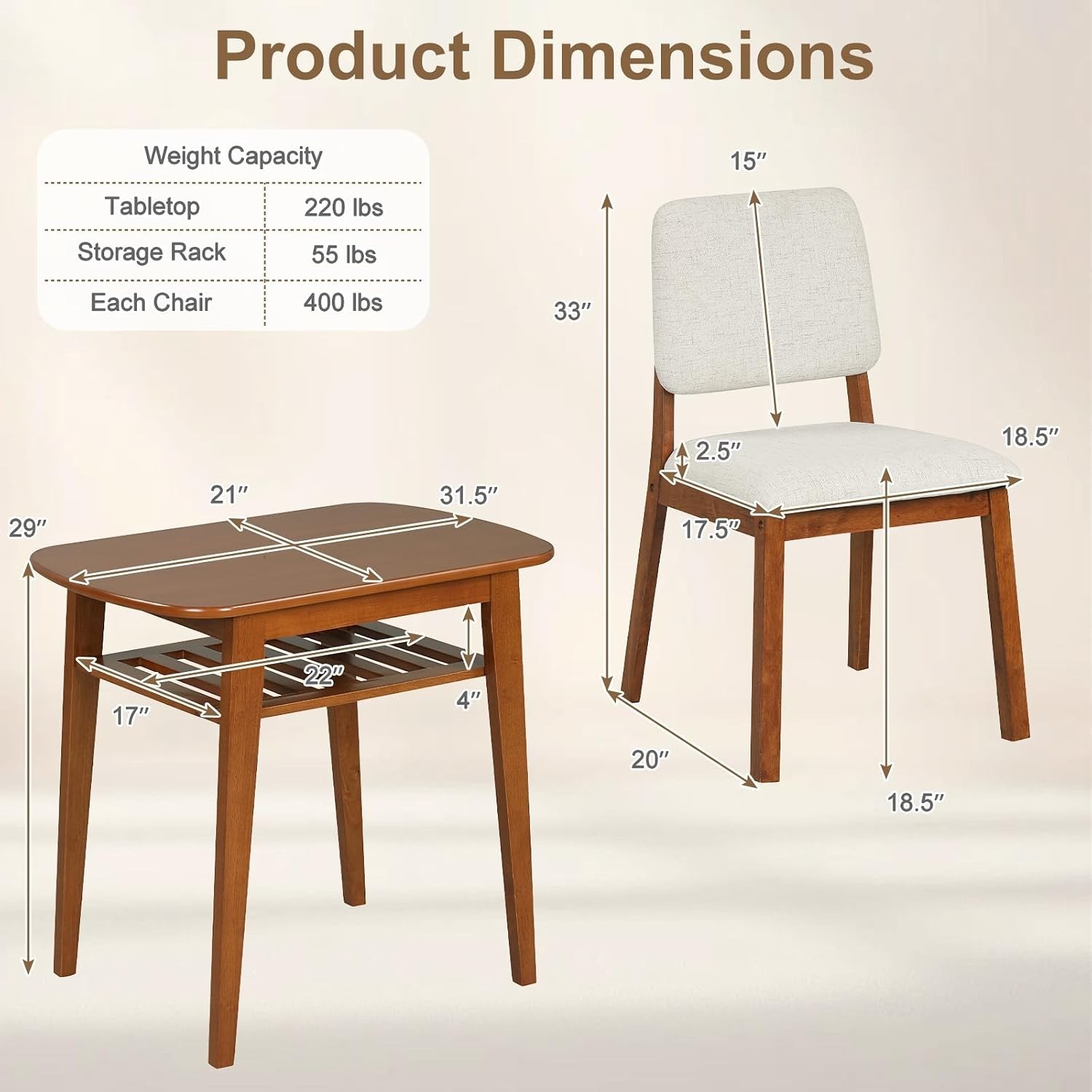 Dining Table Set 2 Space Saving Kitchen Table & Chairs Set w/Rubber Wood Frame