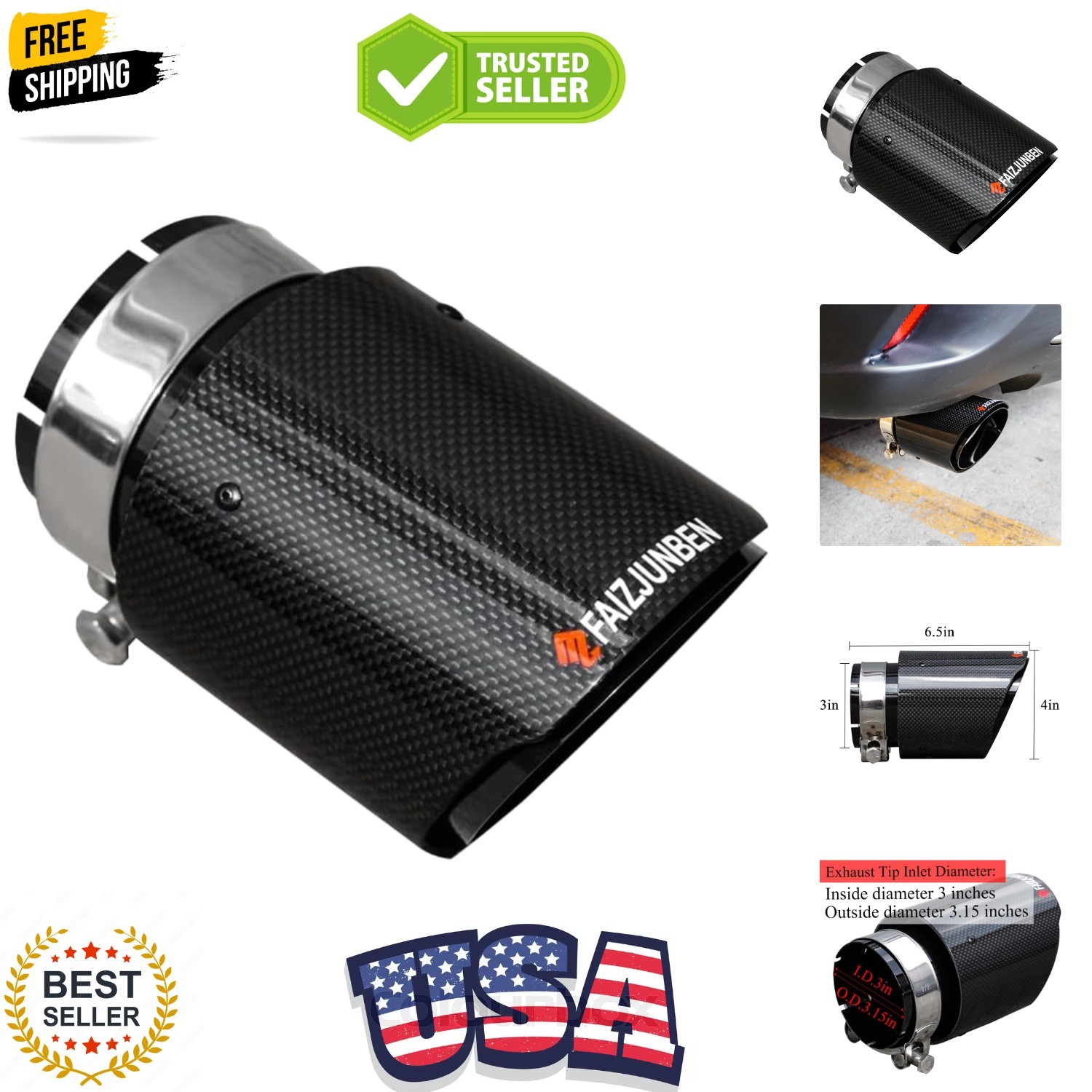 FAIJUNBEN 3-inch exhaust port, 3-inch intake, 4-inch outlet, all-black carbon...