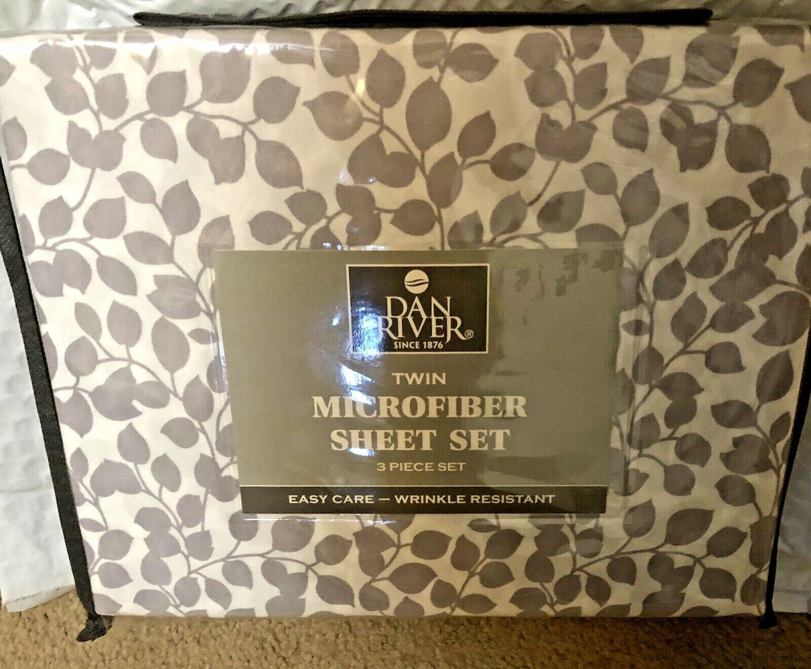 Dan River gray white leaves twin micro fiber 3 pc sheet set packaged