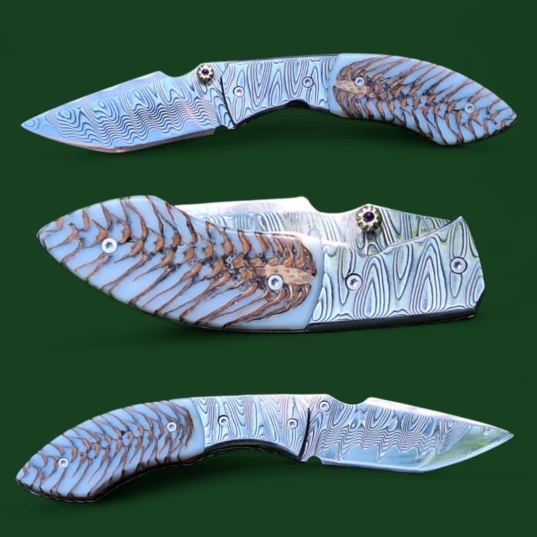 LEK CUSTOM FOLDING KNIFE Stainless Damascus steel Hybrid resin pine cone Craft 2