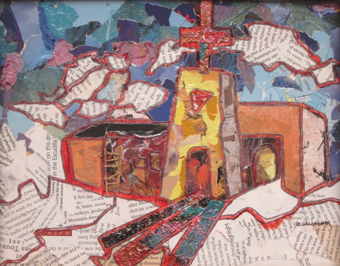 THE MISSION CHURCH MIXED MEDIA COLLAGE PAINTING, DEBBIE GALLAGHER ARIZONA ARTIST
