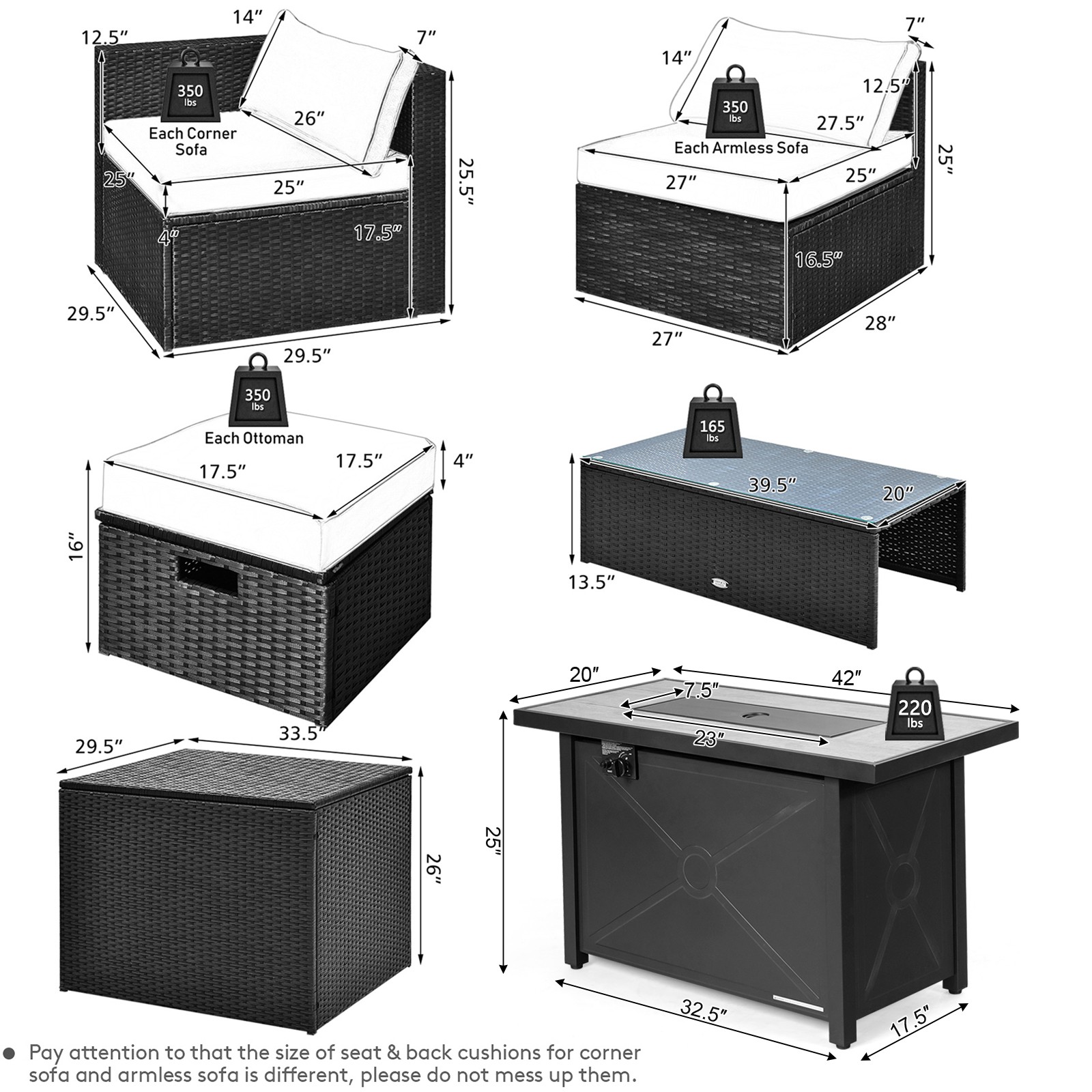 Patio 9PCS Rattan Furniture Set Space Saving 42” Fire Pit Table Cover Black