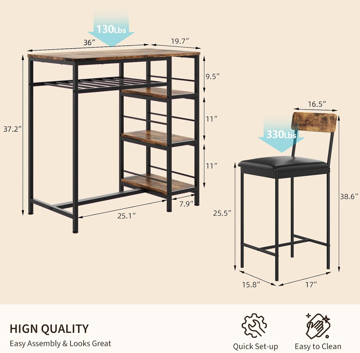 3PCS Dining Table Set w/ 2 Upholstered Bar Stool Wine Rack Kitchen Dining Room