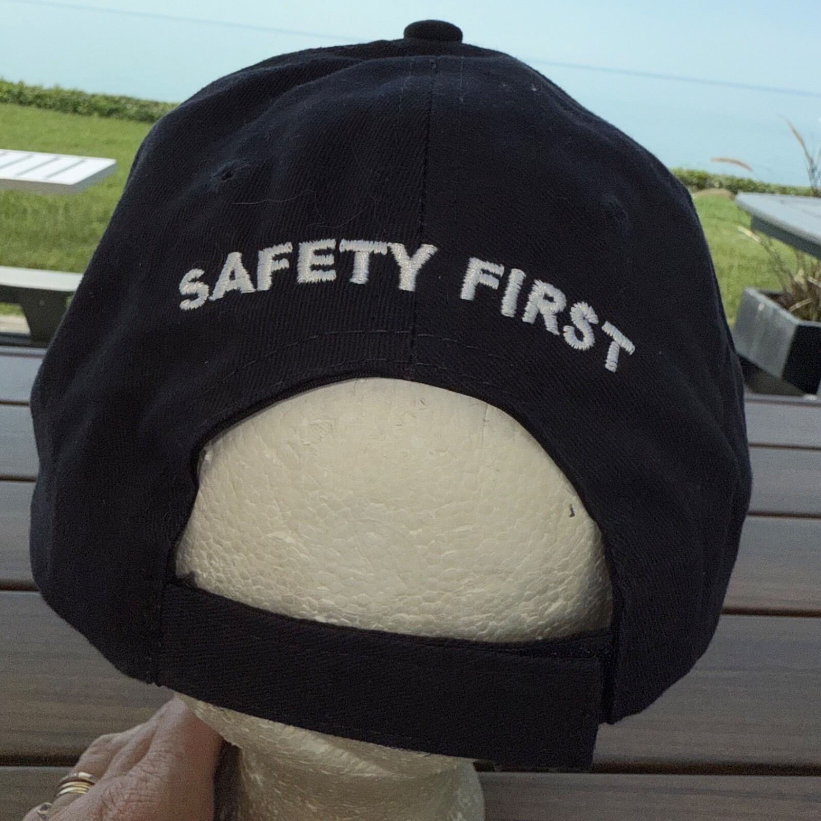 D.A. Dodd Red w Lite Blue Logo on Navy Cotton Hat Cap Hook Loop Safety First