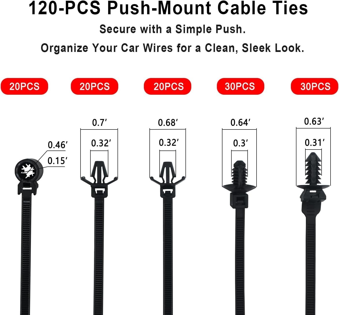 120 PCS Automotive Installation Black Push Mount Cable Zip Ties Assorted Size...