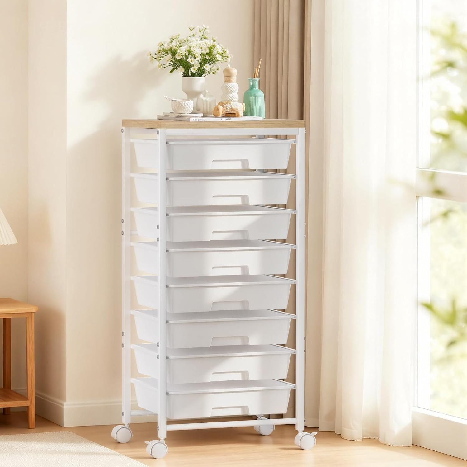 Rolling Cart with 8 Drawers, Plastic Drawer Storage Carts with Wheels & Wooden T