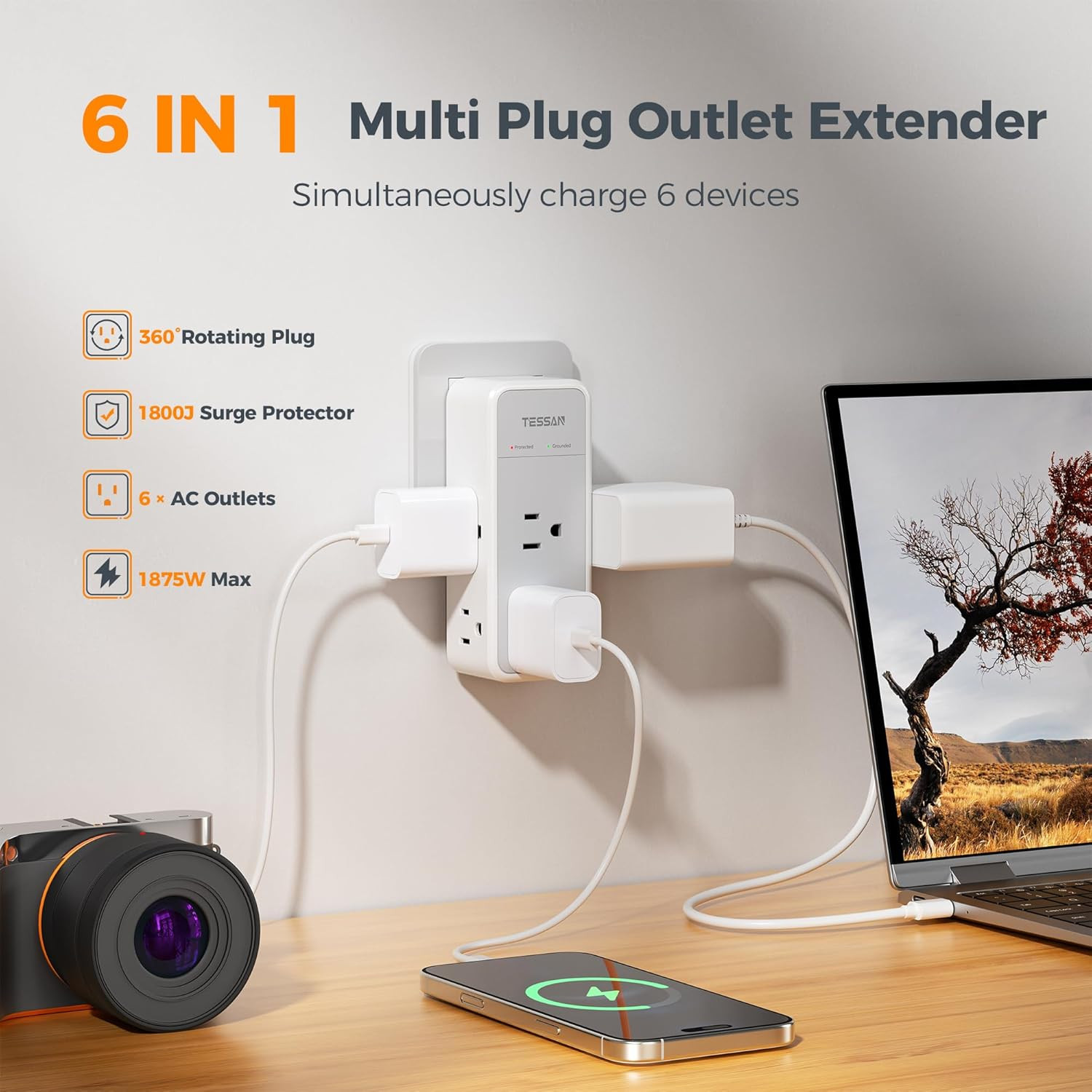 Multi Plug Outlet Extender with 360 Rotating Plug, 1875W Wall Outlet Splitter w