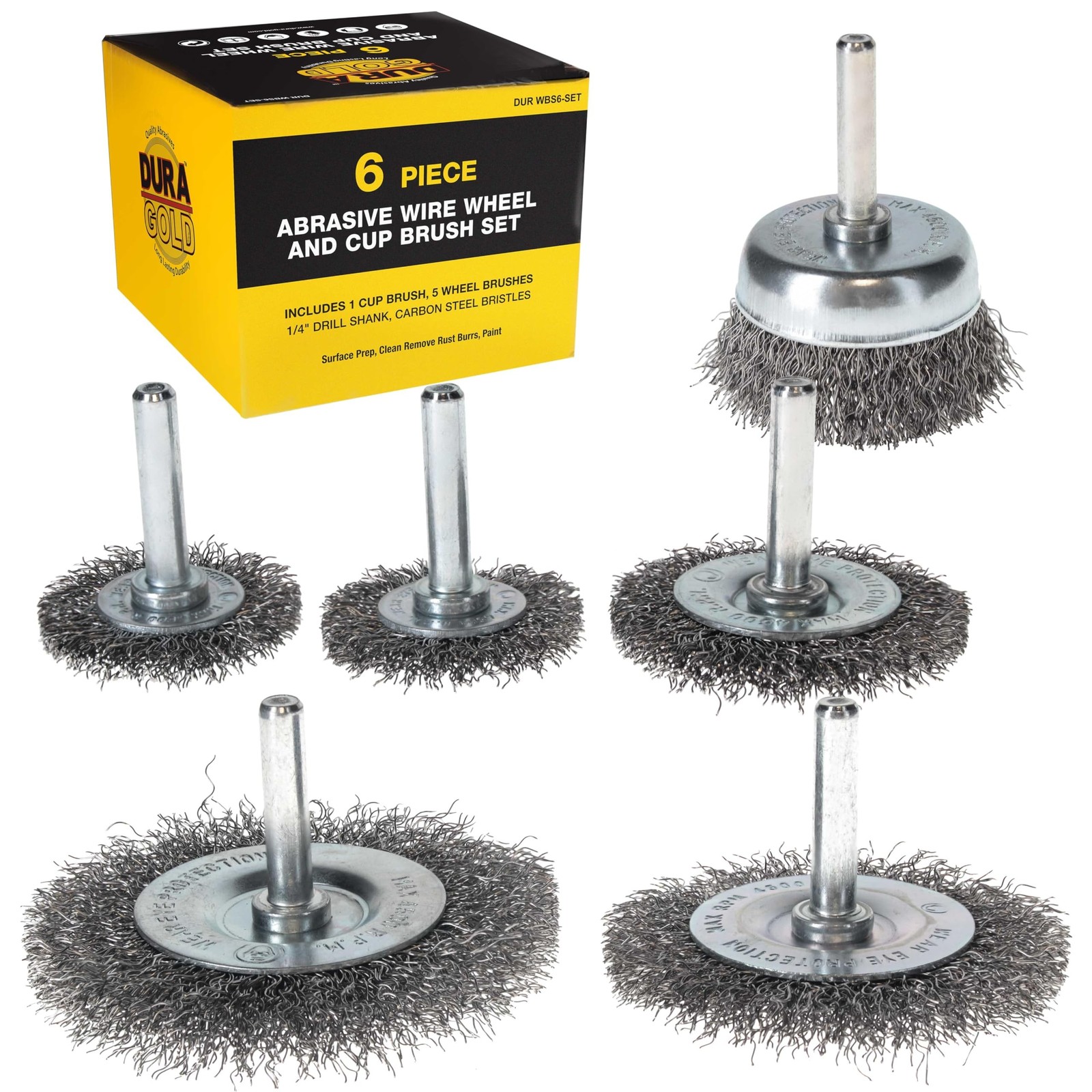 Dura-Gold 6-Piece Abrasive Wire Wheel and Cup Brush Set, 1/4" Drill Shank, Ca...