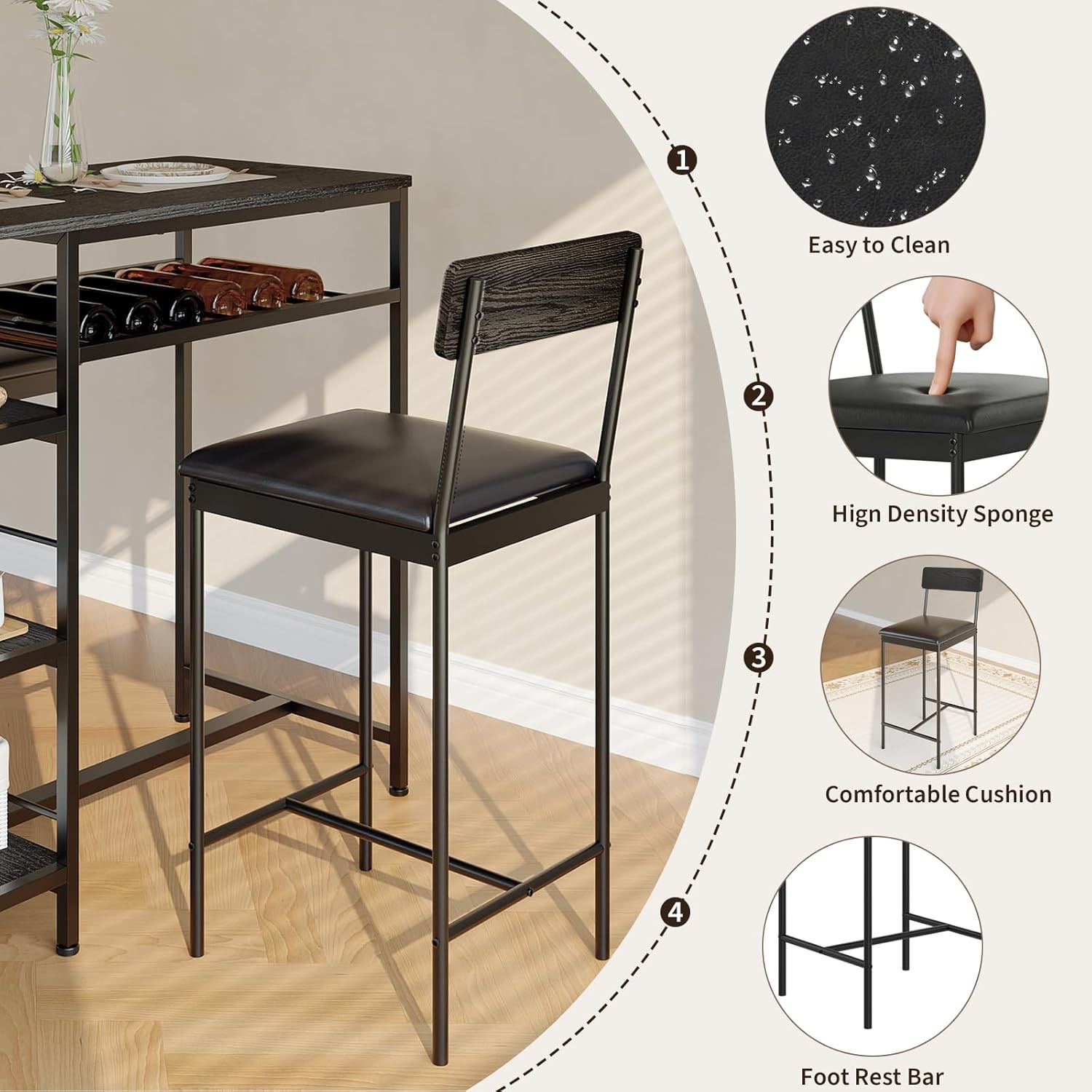 3pcs Dining Table Set for 2 Kitchen Dining Room with 2 Bar Stool and Wine Rack