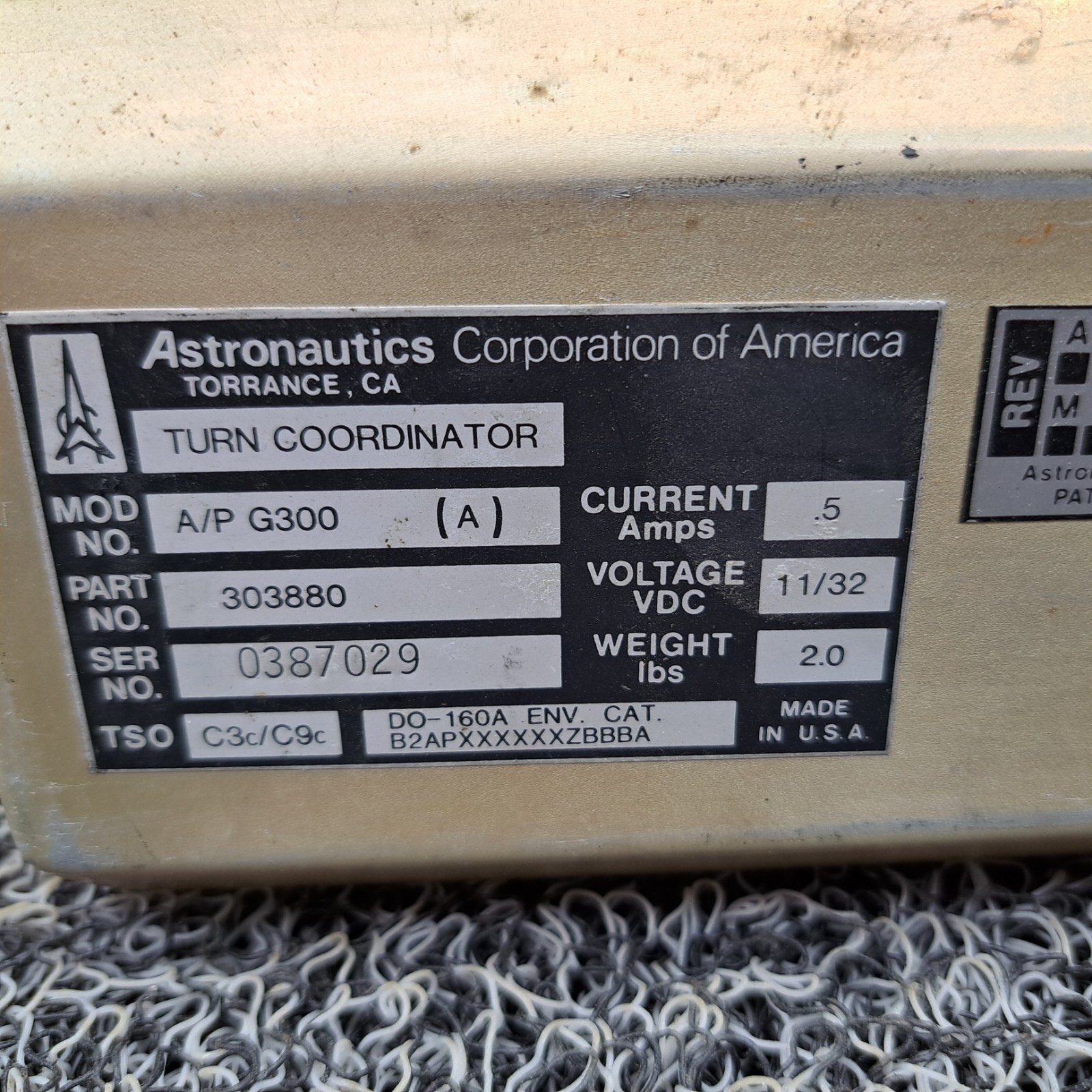 Astronautics Turn Coordinator Model A/P G300, PN: 303880