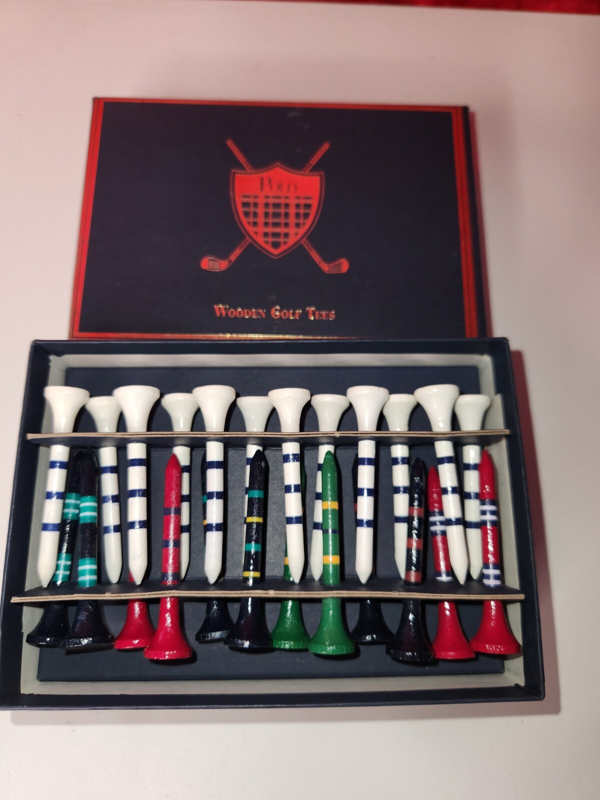 NIB Vintage Polo Ralph Lauren Golf Tees Box of 24 Wooden Multicolored Logo Tees