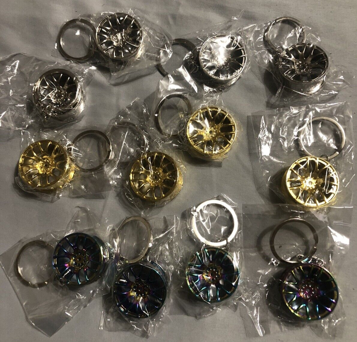 Lot of 12, Wheel Keychain Metal Racing Rim, Tire,  4 each, Gold, Silver, Metalic